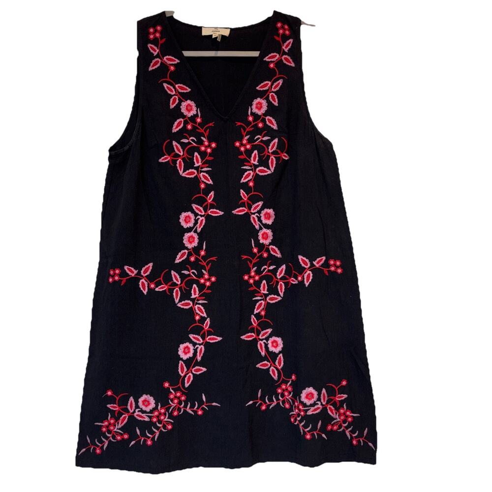 Entro Embroidered Tank Dress Black Pink red Floral Medium Boho Festival Cotton